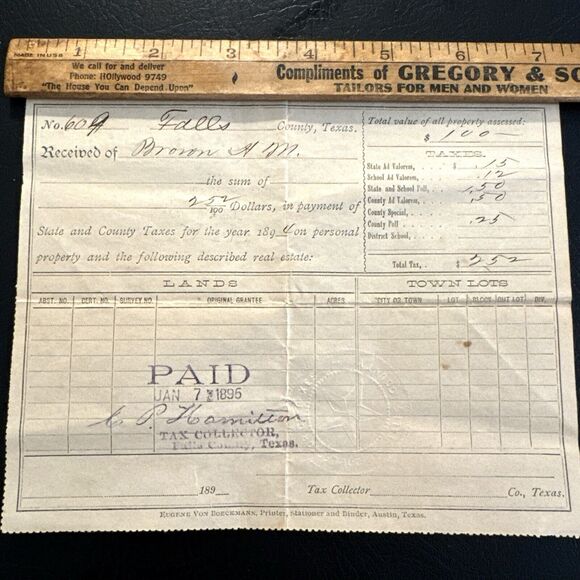 Texas Fall County Property Tax Bill STAMPED STAR 1895 Waco Austin Paper RARE HTF - Picture 1 of 7